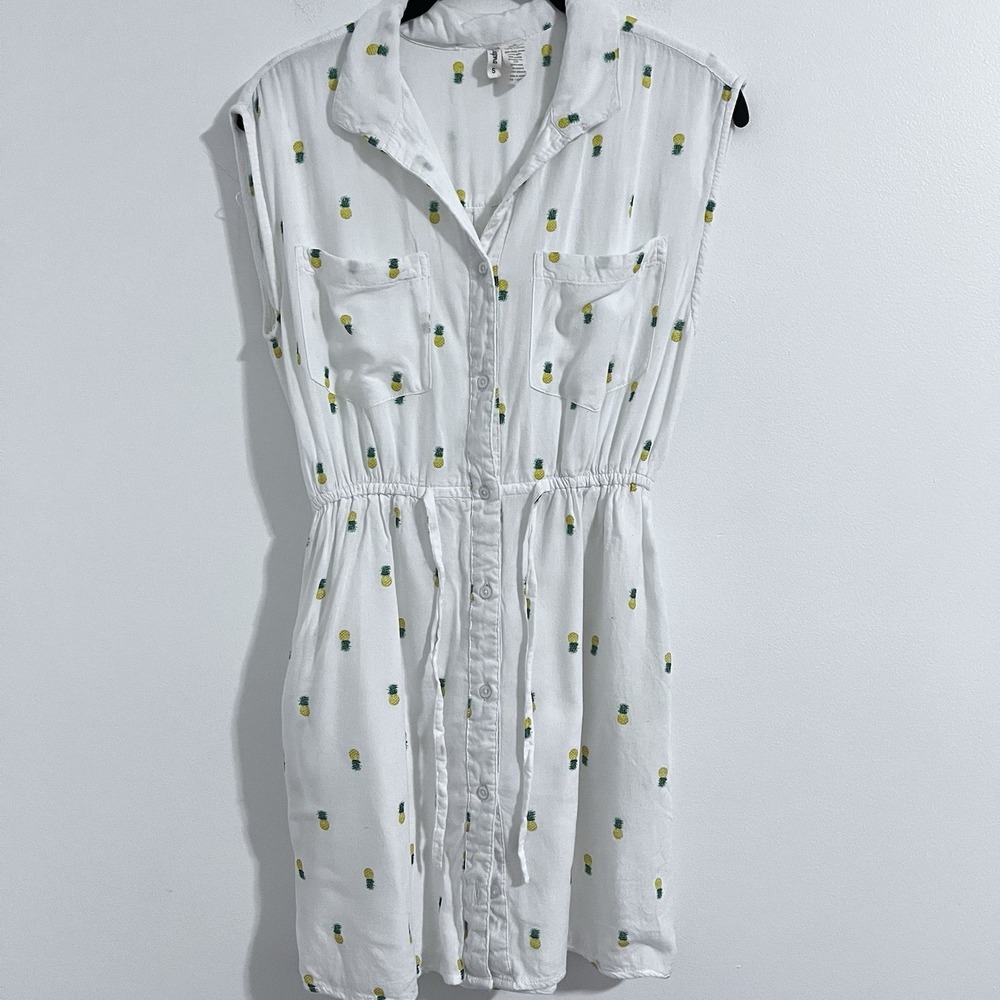 Japna Pineapple Print Shirt Dress Size S White Yellow Novelty Beach Waist Tie
